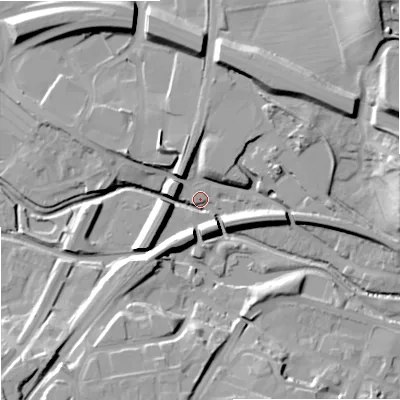 Shaded relief map of the ground around WR98LE, computed from Environment Agency LiDAR. The ground here sits at about 29 m above sea level and falls 32 m across the surrounding 800 m. Surface water reaching this point runs off ground lying to the north-east, 28.7 m higher.