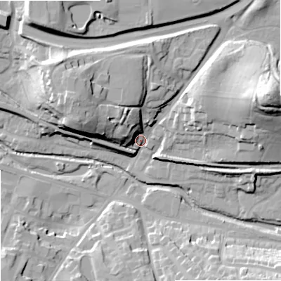 Shaded relief map of the ground around WR98LR, computed from Environment Agency LiDAR. The ground here sits at about 33 m above sea level and falls 40 m across the surrounding 800 m. Surface water reaching this point runs off ground lying to the east-north-east, 29.3 m higher.