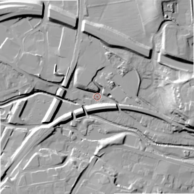 Shaded relief map of the ground around WR98LS, computed from Environment Agency LiDAR. The ground here sits at about 29 m above sea level and falls 32 m across the surrounding 800 m. Surface water reaching this point runs off ground lying to the north-north-east, 16.6 m higher.