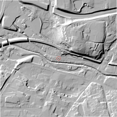 Shaded relief map of the ground around WR98LT, computed from Environment Agency LiDAR. The ground here sits at about 30 m above sea level and falls 29 m across the surrounding 800 m. Surface water reaching this point runs off ground lying to the north-east, 24.8 m higher.