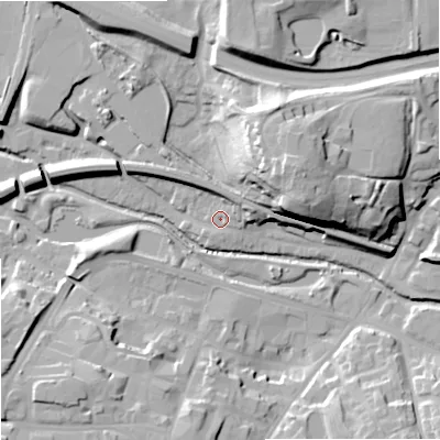 Shaded relief map of the ground around WR98LU, computed from Environment Agency LiDAR. The ground here sits at about 30 m above sea level and falls 29 m across the surrounding 800 m. Surface water reaching this point runs off ground lying to the north-east, 6.2 m higher.