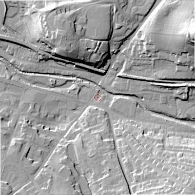 Shaded relief map of the ground around WR98PL, computed from Environment Agency LiDAR. The ground here sits at about 29 m above sea level and falls 38 m across the surrounding 800 m. Surface water reaching this point runs off ground lying to the south-east, 29.0 m higher.