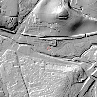 Shaded relief map of the ground around WR98UP, computed from Environment Agency LiDAR. The ground here sits at about 31 m above sea level and falls 39 m across the surrounding 800 m. Surface water reaching this point runs off ground lying to the north-east, 10.2 m higher.