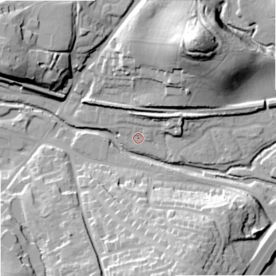 Shaded relief map of the ground around WR98UW, computed from Environment Agency LiDAR. The ground here sits at about 31 m above sea level and falls 39 m across the surrounding 800 m. Surface water reaching this point runs off ground lying to the north-east, 7.2 m higher.