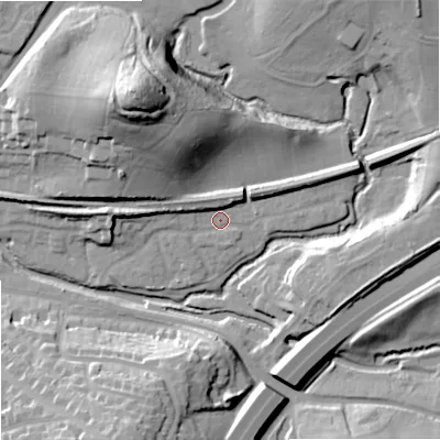 Shaded relief map of the ground around WR98WA, computed from Environment Agency LiDAR. The ground here sits at about 32 m above sea level and falls 39 m across the surrounding 800 m. Surface water reaching this point runs off ground lying to the west, 7.3 m higher.