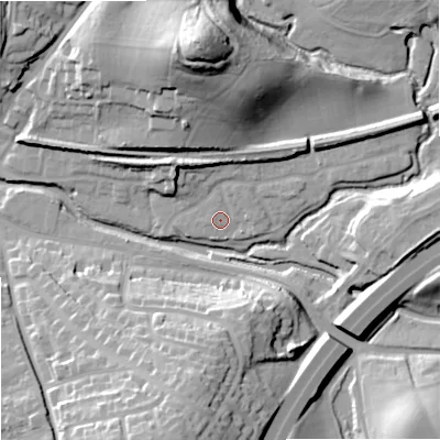 Shaded relief map of the ground around WR98WB, computed from Environment Agency LiDAR. The ground here sits at about 31 m above sea level and falls 39 m across the surrounding 800 m. Surface water reaching this point runs off ground lying to the north-north-east, 1.7 m higher.
