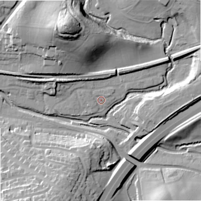 Shaded relief map of the ground around WR98WD, computed from Environment Agency LiDAR. The ground here sits at about 32 m above sea level and falls 39 m across the surrounding 800 m. Surface water reaching this point runs off ground lying to the north-west, 1.9 m higher.