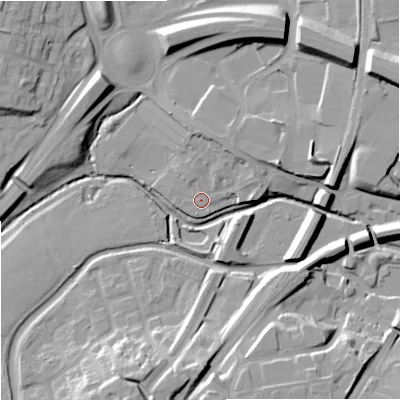Shaded relief map of the ground around WR99AD, computed from Environment Agency LiDAR. The ground here sits at about 29 m above sea level and falls 19 m across the surrounding 800 m. Surface water reaching this point runs off ground lying to the north-north-east, 5.7 m higher.