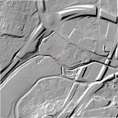 Shaded relief map of the ground around WR99AR, computed from Environment Agency LiDAR. The ground here sits at about 29 m above sea level and falls 18 m across the surrounding 800 m. Surface water reaching this point runs off ground lying to the east, 13.0 m higher.
