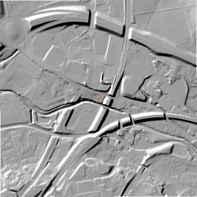 Shaded relief map of the ground around WR99AY, computed from Environment Agency LiDAR. The ground here sits at about 30 m above sea level and falls 27 m across the surrounding 800 m. Surface water reaching this point runs off ground lying to the north-north-east, 12.6 m higher.