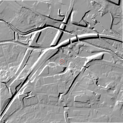 Shaded relief map of the ground around WR99AZ, computed from Environment Agency LiDAR. The ground here sits at about 31 m above sea level and falls 19 m across the surrounding 800 m. Surface water reaching this point runs off ground lying to the south, 7.9 m higher.