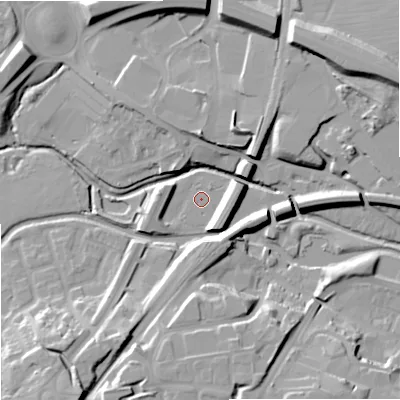 Shaded relief map of the ground around WR99BN, computed from Environment Agency LiDAR. The ground here sits at about 28 m above sea level and falls 19 m across the surrounding 800 m. Surface water reaching this point runs off ground lying to the south-south-east, 8.3 m higher.