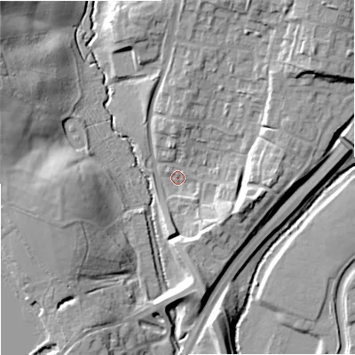 Shaded relief map of the ground around WR99EY, computed from Environment Agency LiDAR. The ground here sits at about 27 m above sea level and falls 17 m across the surrounding 800 m. Surface water reaching this point runs off ground lying to the north-east, 14.6 m higher.