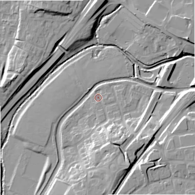Shaded relief map of the ground around WR99LF, computed from Environment Agency LiDAR. The ground here sits at about 29 m above sea level and falls 19 m across the surrounding 800 m. Surface water reaching this point runs off ground lying to the south-south-east, 11.9 m higher.