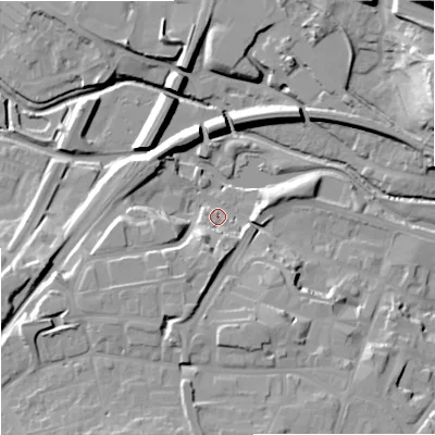 Shaded relief map of the ground around WR99PA, computed from Environment Agency LiDAR. The ground here sits at about 31 m above sea level and falls 26 m across the surrounding 800 m. Surface water reaching this point runs off ground lying to the south-south-west, 12.5 m higher.