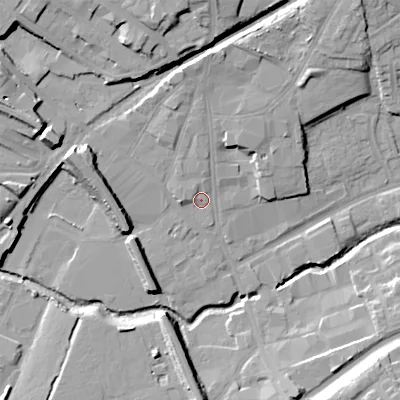 Shaded relief map of the ground around WS100AQ, computed from Environment Agency LiDAR. The ground here sits at about 122 m above sea level and falls 18 m across the surrounding 800 m. Surface water reaching this point runs off ground lying to the north, 4.3 m higher.