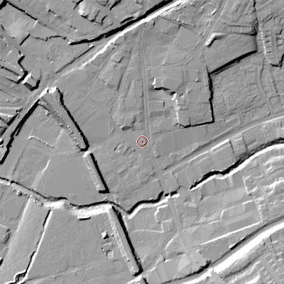 Shaded relief map of the ground around WS100AW, computed from Environment Agency LiDAR. The ground here sits at about 122 m above sea level and falls 21 m across the surrounding 800 m. Surface water reaching this point runs off ground lying to the west-north-west, 8.3 m higher.
