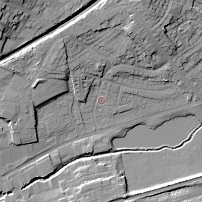 Shaded relief map of the ground around WS100BJ, computed from Environment Agency LiDAR. The ground here sits at about 119 m above sea level and falls 24 m across the surrounding 800 m. Surface water reaching this point runs off ground lying to the north-west, 7.9 m higher.
