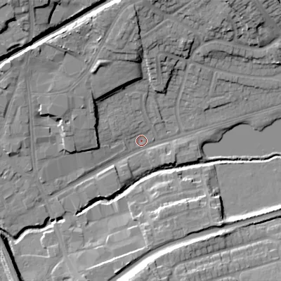 Shaded relief map of the ground around WS100BP, computed from Environment Agency LiDAR. The ground here sits at about 118 m above sea level and falls 19 m across the surrounding 800 m. Surface water reaching this point runs off ground lying to the north-west, 10.8 m higher.