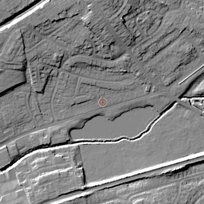 Shaded relief map of the ground around WS100BS, computed from Environment Agency LiDAR. The ground here sits at about 118 m above sea level and falls 19 m across the surrounding 800 m. Surface water reaching this point runs off ground lying to the north, 15.0 m higher.