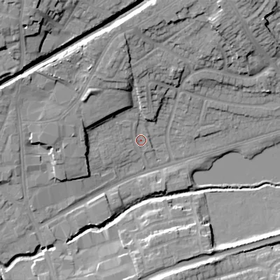Shaded relief map of the ground around WS100BT, computed from Environment Agency LiDAR. The ground here sits at about 119 m above sea level and falls 22 m across the surrounding 800 m. Surface water reaching this point runs off ground lying to the north, 11.0 m higher.