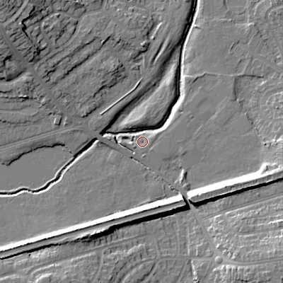 Shaded relief map of the ground around WS100DR, computed from Environment Agency LiDAR. The ground here sits at about 117 m above sea level and falls 20 m across the surrounding 800 m. Surface water reaching this point runs off ground lying to the south-east, 13.2 m higher.