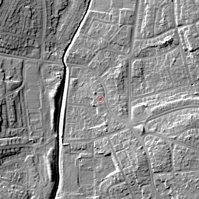 Shaded relief map of the ground around WS100DZ, computed from Environment Agency LiDAR. The ground here sits at about 118 m above sea level and falls 14 m across the surrounding 800 m. Surface water reaching this point runs off ground lying to the south-east, 7.9 m higher.