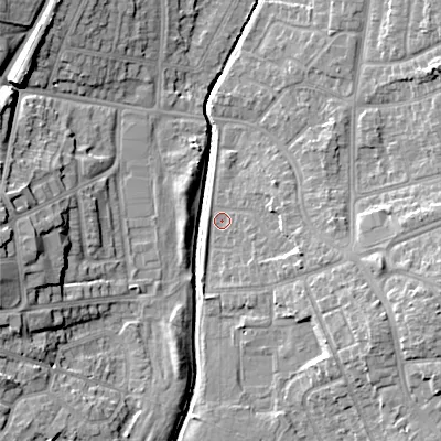 Shaded relief map of the ground around WS100HD, computed from Environment Agency LiDAR. The ground here sits at about 116 m above sea level and falls 16 m across the surrounding 800 m. Surface water reaching this point runs off ground lying to the east-south-east, 6.9 m higher.