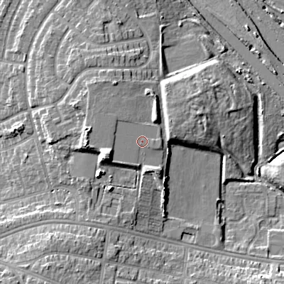 Shaded relief map of the ground around WS100JX, computed from Environment Agency LiDAR. The ground here sits at about 123 m above sea level and falls 17 m across the surrounding 800 m. Surface water reaching this point runs off ground lying to the west, 3.9 m higher.