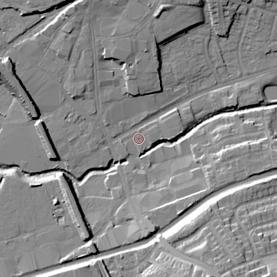 Shaded relief map of the ground around WS100NQ, computed from Environment Agency LiDAR. The ground here sits at about 120 m above sea level and falls 26 m across the surrounding 800 m. Surface water reaching this point runs off ground lying to the south, 10.1 m higher.