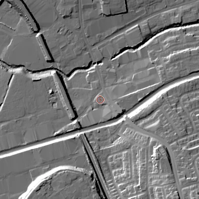 Shaded relief map of the ground around WS100NS, computed from Environment Agency LiDAR. The ground here sits at about 123 m above sea level and falls 36 m across the surrounding 800 m. Surface water reaching this point runs off ground lying to the south-west, 7.3 m higher.