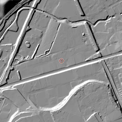 Shaded relief map of the ground around WS100NT, computed from Environment Agency LiDAR. The ground here sits at about 124 m above sea level and falls 28 m across the surrounding 800 m. Surface water reaching this point runs off ground lying to the south, 1.3 m higher.