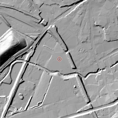 Shaded relief map of the ground around WS100PD, computed from Environment Agency LiDAR. The ground here sits at about 120 m above sea level and falls 27 m across the surrounding 800 m. Surface water reaching this point runs off ground lying to the north, 8.5 m higher.