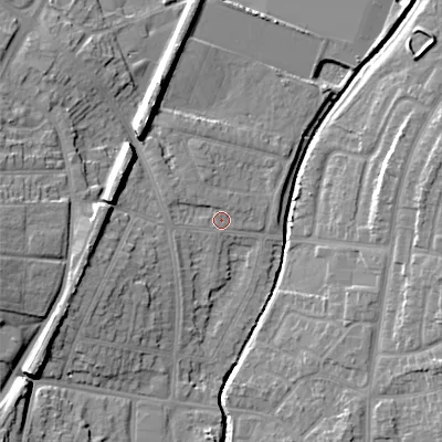 Shaded relief map of the ground around WS100RH, computed from Environment Agency LiDAR. The ground here sits at about 115 m above sea level and falls 16 m across the surrounding 800 m. Surface water reaching this point runs off ground lying to the west-south-west, 11.9 m higher.