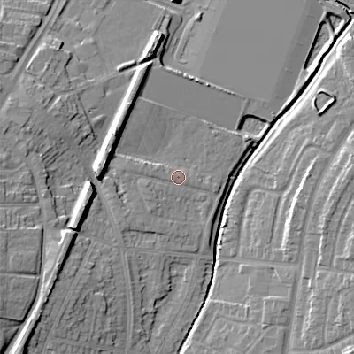 Shaded relief map of the ground around WS100RL, computed from Environment Agency LiDAR. The ground here sits at about 116 m above sea level and falls 15 m across the surrounding 800 m. Surface water reaching this point runs off ground lying to the west, 1.5 m higher.