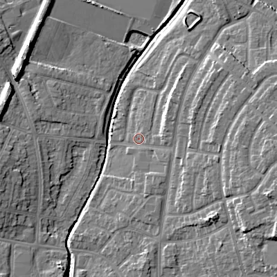 Shaded relief map of the ground around WS100RP, computed from Environment Agency LiDAR. The ground here sits at about 115 m above sea level and falls 14 m across the surrounding 800 m. Surface water reaching this point runs off ground lying to the east-north-east, 5.6 m higher.