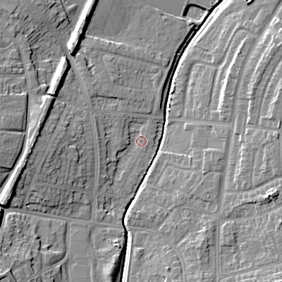 Shaded relief map of the ground around WS100RZ, computed from Environment Agency LiDAR. The ground here sits at about 114 m above sea level and falls 15 m across the surrounding 800 m. Surface water reaching this point runs off ground lying to the west-north-west, 3.6 m higher.