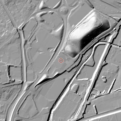 Shaded relief map of the ground around WS107WL, computed from Environment Agency LiDAR. The ground here sits at about 125 m above sea level and falls 26 m across the surrounding 800 m. Surface water reaching this point runs off ground lying to the south-south-west, 4.4 m higher.