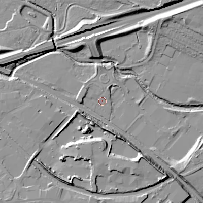 Shaded relief map of the ground around WS108LL, computed from Environment Agency LiDAR. The ground here sits at about 120 m above sea level and falls 16 m across the surrounding 800 m. Surface water reaching this point runs off ground lying to the north-north-east, 1.7 m higher.