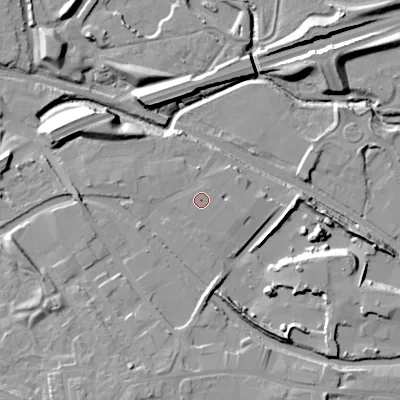 Shaded relief map of the ground around WS108LN, computed from Environment Agency LiDAR. The ground here sits at about 125 m above sea level and falls 16 m across the surrounding 800 m. The ground contributing surface water to this point lies to the south.