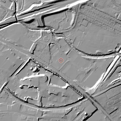 Shaded relief map of the ground around WS108LQ, computed from Environment Agency LiDAR. The ground here sits at about 119 m above sea level and falls 16 m across the surrounding 800 m. The ground contributing surface water to this point lies to the south-south-west.