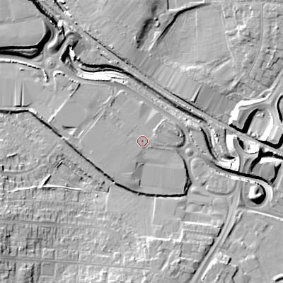Shaded relief map of the ground around WS109QY, computed from Environment Agency LiDAR. The ground here sits at about 118 m above sea level and falls 16 m across the surrounding 800 m. Surface water reaching this point runs off ground lying to the south-west, 1.0 m higher.