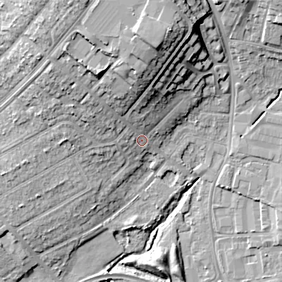 Shaded relief map of the ground around WS110AG, computed from Environment Agency LiDAR. The ground here sits at about 127 m above sea level and falls 25 m across the surrounding 800 m. Surface water reaching this point runs off ground lying to the north-north-east, 17.8 m higher.