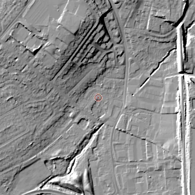 Shaded relief map of the ground around WS110AJ, computed from Environment Agency LiDAR. The ground here sits at about 124 m above sea level and falls 25 m across the surrounding 800 m. Surface water reaching this point runs off ground lying to the north, 20.6 m higher.