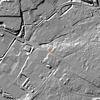 Shaded relief map of the ground around WS110BD, computed from Environment Agency LiDAR. The ground here sits at about 120 m above sea level and falls 12 m across the surrounding 800 m. Surface water reaching this point runs off ground lying to the east, 4.9 m higher.
