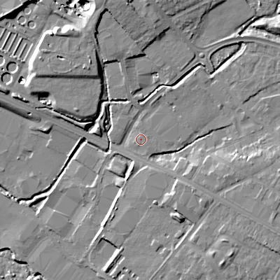 Shaded relief map of the ground around WS110BE, computed from Environment Agency LiDAR. The ground here sits at about 119 m above sea level and falls 14 m across the surrounding 800 m. Surface water reaching this point runs off ground lying to the east-north-east, 0.8 m higher.