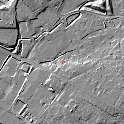 Shaded relief map of the ground around WS110DD, computed from Environment Agency LiDAR. The ground here sits at about 120 m above sea level and falls 12 m across the surrounding 800 m. Surface water reaching this point runs off ground lying to the south-east, 4.5 m higher.