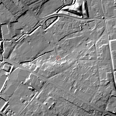 Shaded relief map of the ground around WS110DE, computed from Environment Agency LiDAR. The ground here sits at about 120 m above sea level and falls 12 m across the surrounding 800 m. Surface water reaching this point runs off ground lying to the east-south-east, 4.7 m higher.