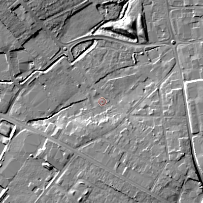 Shaded relief map of the ground around WS110DG, computed from Environment Agency LiDAR. The ground here sits at about 120 m above sea level and falls 11 m across the surrounding 800 m. Surface water reaching this point runs off ground lying to the south-east, 4.4 m higher.
