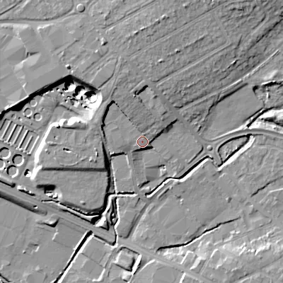 Shaded relief map of the ground around WS110DJ, computed from Environment Agency LiDAR. The ground here sits at about 122 m above sea level and falls 17 m across the surrounding 800 m. Surface water reaching this point runs off ground lying to the north-north-west, 4.3 m higher.